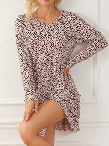 Vestido Largo De Manga Larga Con Cintura Plisada Y Estampado De Leopardo Con Volantes - Blanco - Ver 4