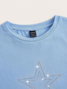 SHEIN EZwear Rhinestone-studded Five-pointed Star Design Short Sleeve T-shirt - Baby Blue - View 5