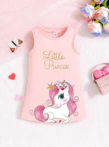 SHEIN Baby Girl Summer Casual Cartoon Letter Printed Romper Dress - Pink - View 1