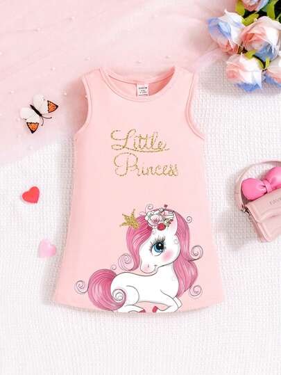 SHEIN Baby Girl Summer Casual Cartoon Letter Printed Romper Dress