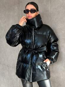 EURMUSE 立領垂肩袖棉墊外套 - 黑色 - 查看 6