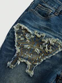 ROMWE Grunge Punk Women's Butterfly Design Embellishment Flared Denim Jeans - Blue - View 3