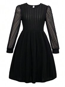 Teen Girl Contrast Mesh A-line Dress - Black - View 4