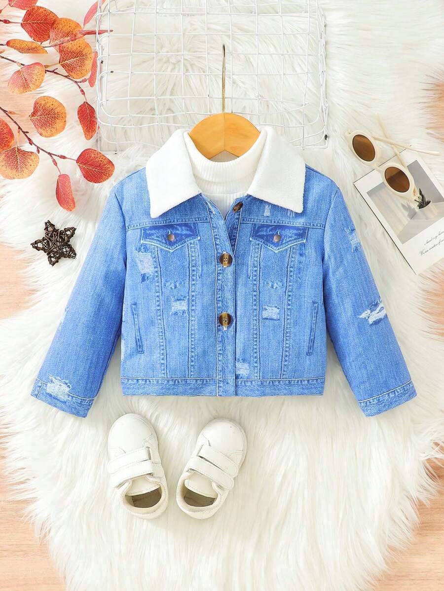 Áo khoác denim lót nhiệt dày dặn cho bé gái mùa thu đông - Màu xanh lam - Xem 1