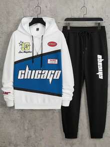 Manfinity LEGND Men's Color Block Hooded Sweatshirt And Sweatpants Set With Drawstring - White - View 3