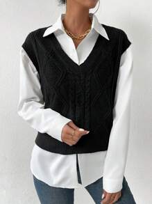SHEIN LUNE Casual Twist Knitted Sweater Vest - Black - View 6