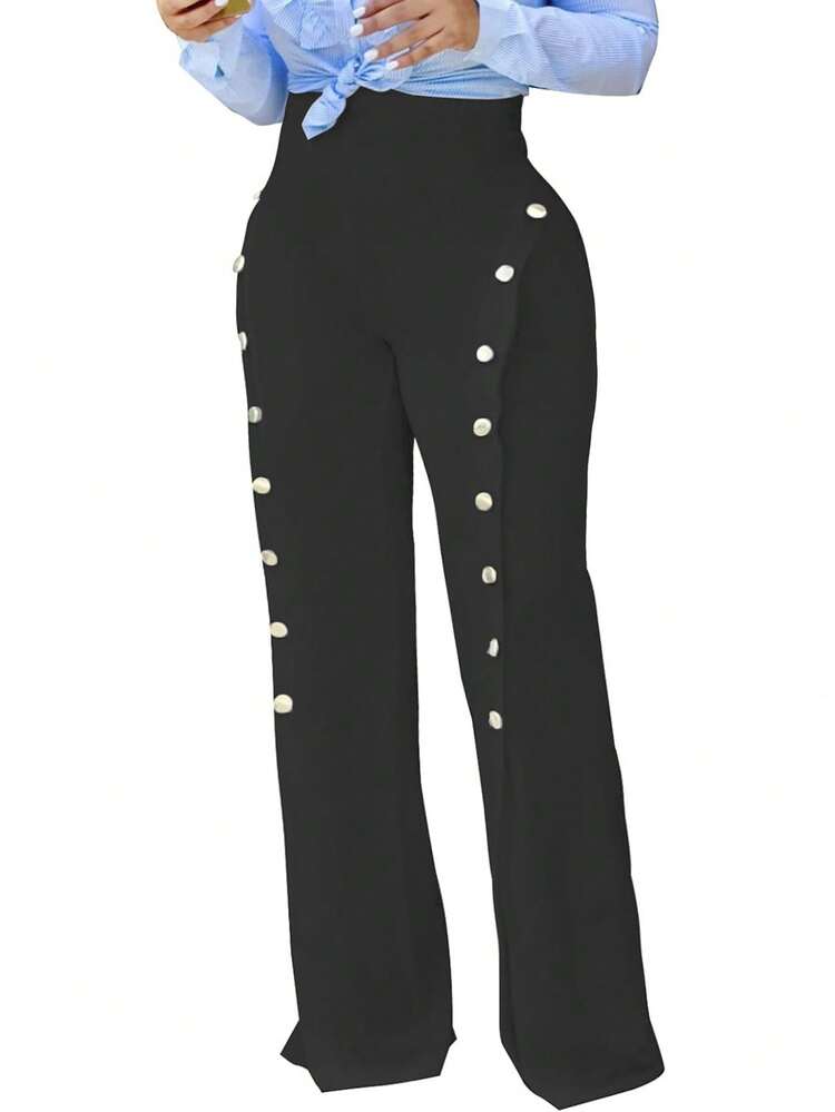 Celure Pantalones Con Botones Laterales Para Mujer Talla Grande - Negro - Añade 1