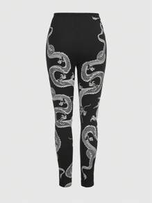 ROMWE Grunge Punk Chinese Dragon Printed Leggings - Black - View 2