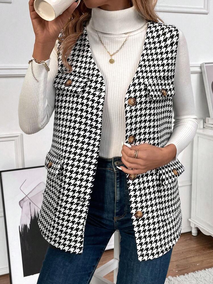 Women'S Sleeveless Houndstooth Print Coat