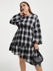SHEIN Essnce Women's Plus Size Plaid Dress With Drawstring Waist, Bell Sleeve And Ruffled Hem