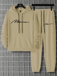 Manfinity Homme Men's Letter Print Hoodie And Sweatpants Two-piece Set With Drawstring - Apricot - View 2
