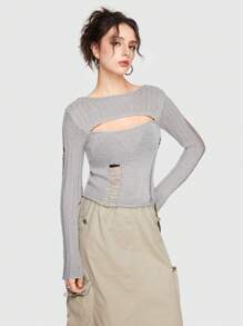 ROMWE Grunge Punk Thời gian rảnh rỗi Gợi cảm Thiết kế rỗng Đau khổ 2 trong1 Chặt Co giãn Của phụ nữ Áo len - Xám - Xem 6