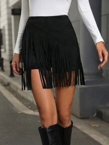 Chiquease Falda Pantalón Con Dobladillo Con Flecos Para Mujer - Negro - Ver 3
