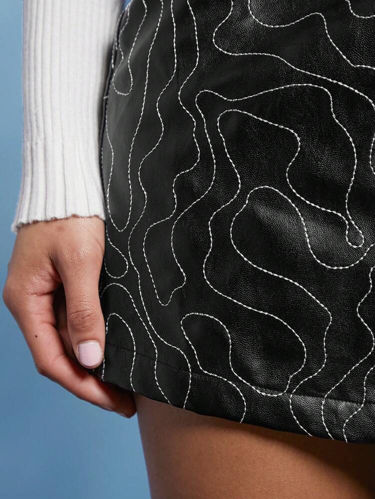 Contrast Stitch PU Leather Skirt