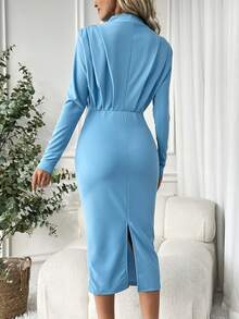 SHEIN Privé Đầm ôm sát cổ đứng màu trơn dành cho nữ - Màu xanh lam - Xem 2