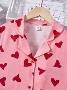 SHEIN 少女甜心圖案針織短袖開衫和短褲組合，舒適休閒家居服套裝，2件裝 - 淺粉色 - 查看 4