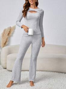 SHEIN Unity Của phụ nữ Mùa Thu /đông Thời gian rảnh rỗi Sọc Hai chiếc Bộ - Xám - Xem 4