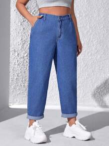 SHEIN EZwear Kích thước lớn Cao eo Quần denim Với Đường chéo Túi - Rửa tối - Xem 1