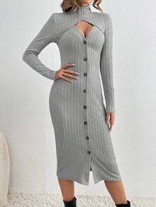 SHEIN LUNE Màu thuần Xu hướng: Cắt giảm Tay áo dài Đầm - Màu Xám nhạt - Xem 6