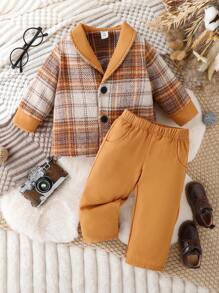 寶寶男孩優雅紳士復古格紋夾克和長褲套裝,適用於春秋季節 - 棕色 - 查看 3