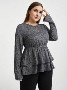 SHEIN Essnce 加大碼女款圓領t恤,襯托荷葉邊緣 - 深灰色 - 查看 5