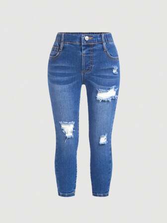 SHEIN Young Girl Ripped Jeans With Elastic Waistband