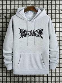 Áo nỉ trùm đầu nam có in hình cánh và chữ và dây rút, lót nhiệt - Xám - Xem 2