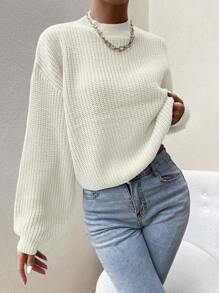SHEIN Essnce Women's Stand Collar Drop Shoulder Design Long Sleeve Sweater Pullover - White - View 6