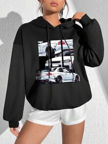 SHEIN Coolane Sudadera De Patrón De Coche Para Mujer - Negro - Ver 5