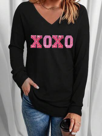 Sequin XOXO Letter Graphic Drop Shoulder Tee