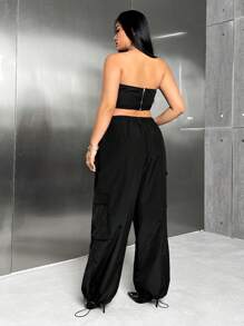 SHEIN ICON Conjunto De Calça E Top Sem Alças De Cor Sólida Plus Size - Preto - Visão 3
