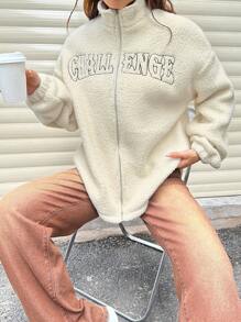 SHEIN Unity Women's Solid Color Plush Letter Print Long Sleeve Jacket - Apricot - View 3