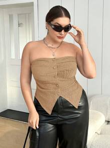 SHEIN Essnce 大码褶饰不对称下摆露肩上衣 - 卡其色 - 查看 1