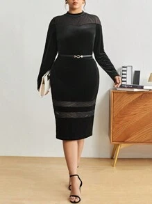 BizChic Plus Contrast Mesh Velvet Top & Skirt Without Belt