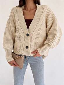 EURMUSE Cable Knit Drop Shoulder Cardigan - Apricot - View 1