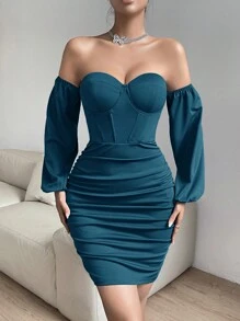 SHEIN Privé Ladies' Off Shoulder Pleated Bodycon Dress With Lantern Sleeves - Teal Blue - View 6