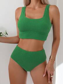 SHEIN Swim Summer Beach Solid Color Women's Sleeveless Bikini Top And Bottom Set - Green - View 1