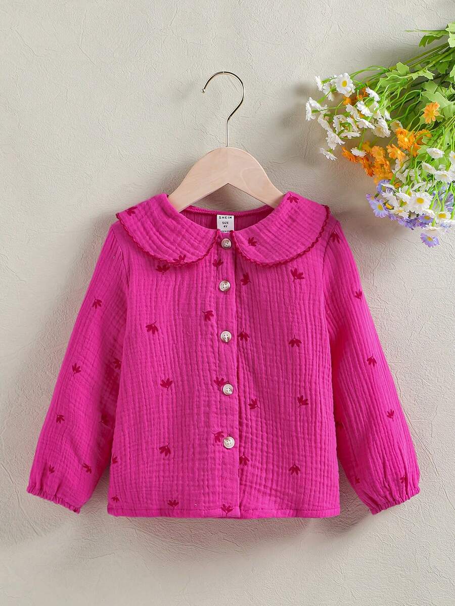SHEIN Áo sơ mi cài nút cổ Peter Pan họa tiết hoa mùa xuân thu cho bé gái - Màu Hồng Tươi - Xem 1