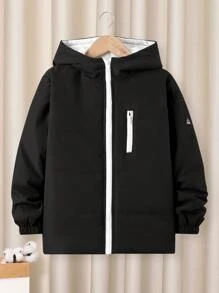 SHEIN Tween Boy Relaxed Fit Thickened Hooded Padded Coat, Winter Fall, Black Outwear - Black - View 5