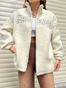 SHEIN Unity Women's Solid Color Plush Letter Print Long Sleeve Jacket - Apricot - View 5