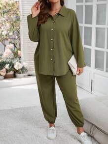 SHEIN LUNE 大码女式纯色衬衫和裤子两件套 - 軍綠色 - 查看 4