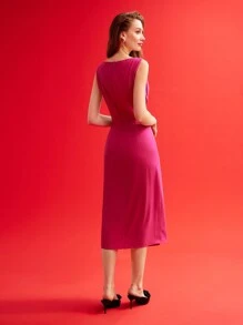 MOTF PREMIUM 编织女士褶饰立体花朵纯色连衣裙，情人节装 - 玫紅色 - 查看 8