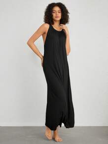 女士純色無袖背心薄肩家居服 - 黑色 - 查看 1