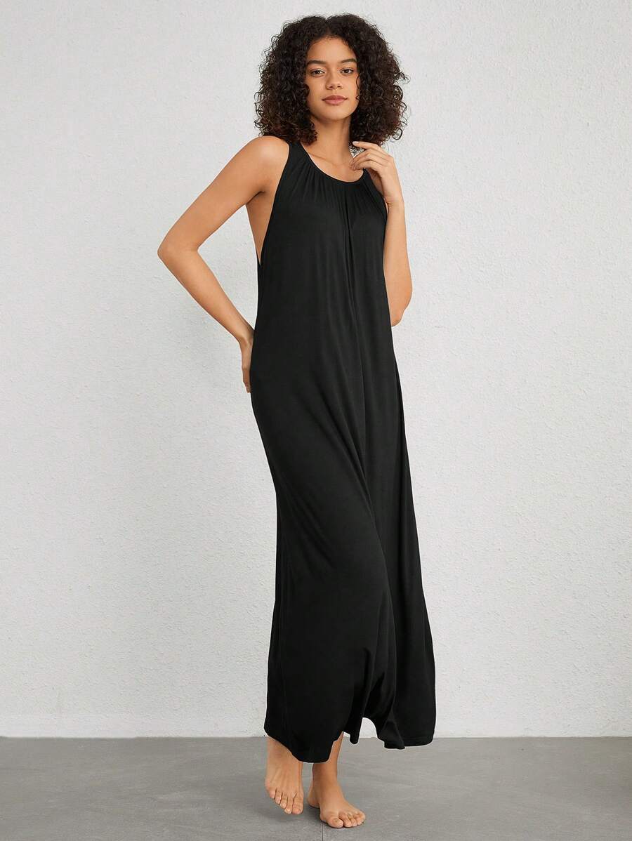 女士純色無袖背心薄肩家居服 - 黑色 - 查看 1