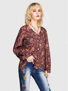 ROMWE Hippie 女用佩斯利圖案印花長袖襯衫 - 白色 - 查看 4