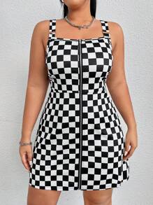 SHEIN EZwear Của phụ nữ Kích thước lớn Kẻ sọc In Dây kéo mặt trước Dây đeo Mì Ý  Đầm - Đen và trắng - Xem 3