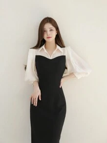 DAZY Váy sơ mi phối màu dành cho nữ - Đen và trắng - Xem 3