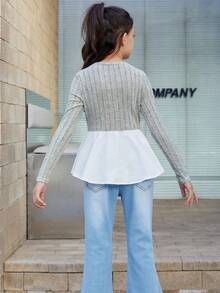 Tween Girls' Casual Round Neck Color Block & Patchwork Long Sleeve T-Shirt - Multicolor - View 2