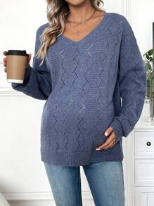 SHEIN Maternity V-Neck Drop Shoulders Sweater, For Winter - Dusty Blue - View 4
