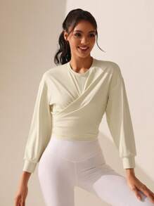 SHEIN Sports Women's Solid Color Round Neck Wrap Front Pleated Athletic Sweatshirt - Apricot - View 3